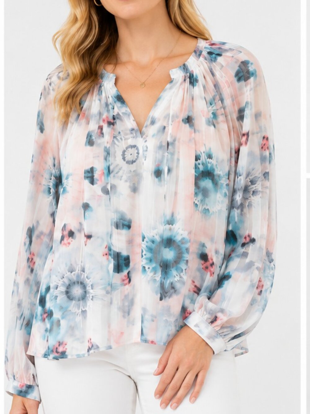 INC International Concepts Floral Metallic Blouse Size L Sheer Sleeve Top